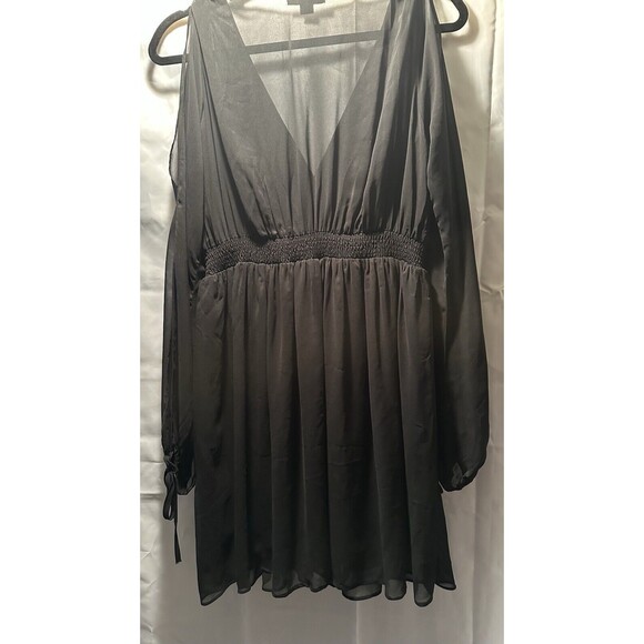 Double Zero Black Chiffon Dress Cold Shoulder Elastic Waist Sheer Back Size M - Picture 9 of 10